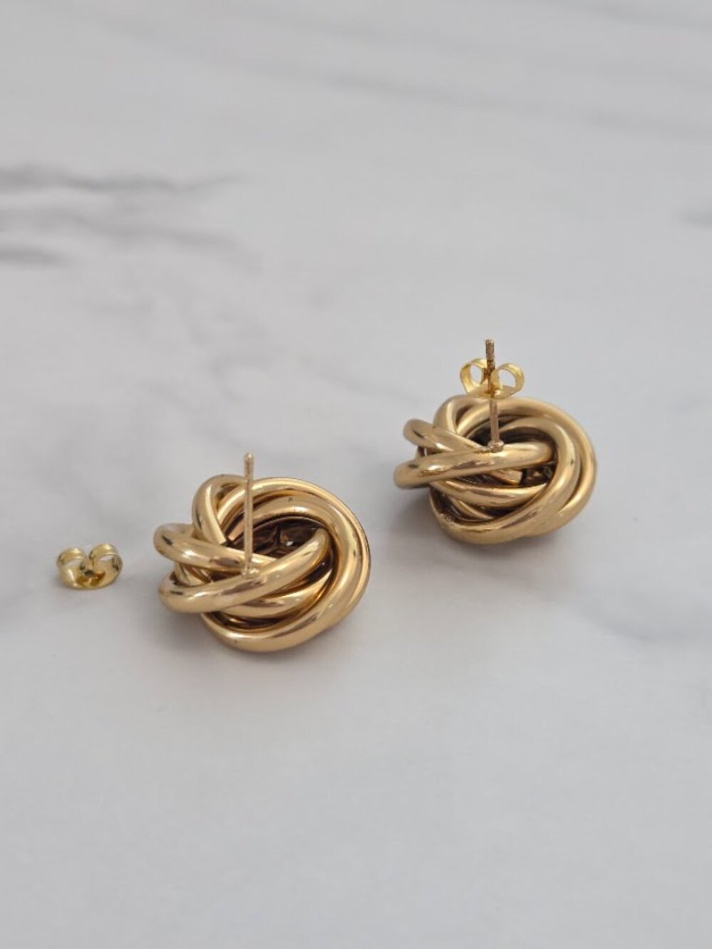 Gold Stainless Steel Woven Love Knot Stud Earrings Chunky Textured Swirl Hoop - Picture 5 of 11